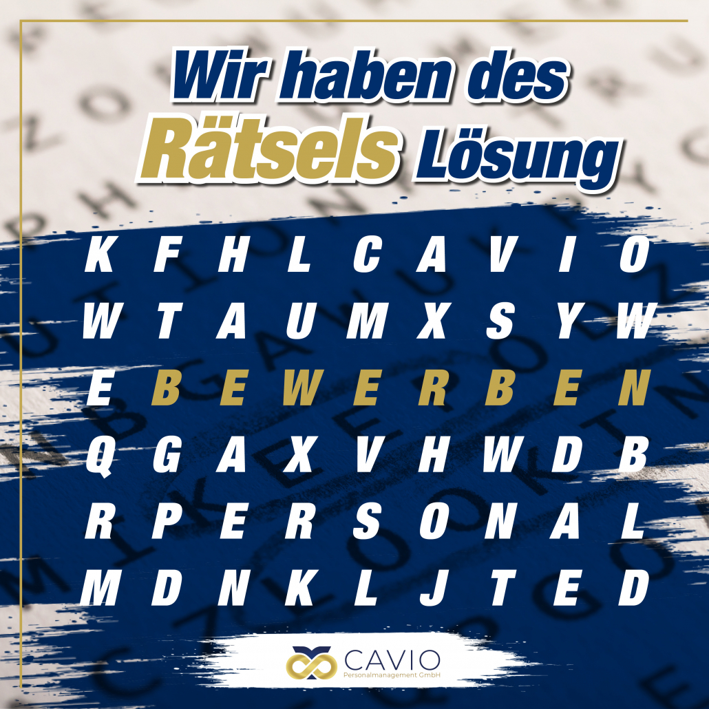 Ein Bilderrätsel mit der Antwort: "Wir haben des Rätsels Lösung: Bewerben".